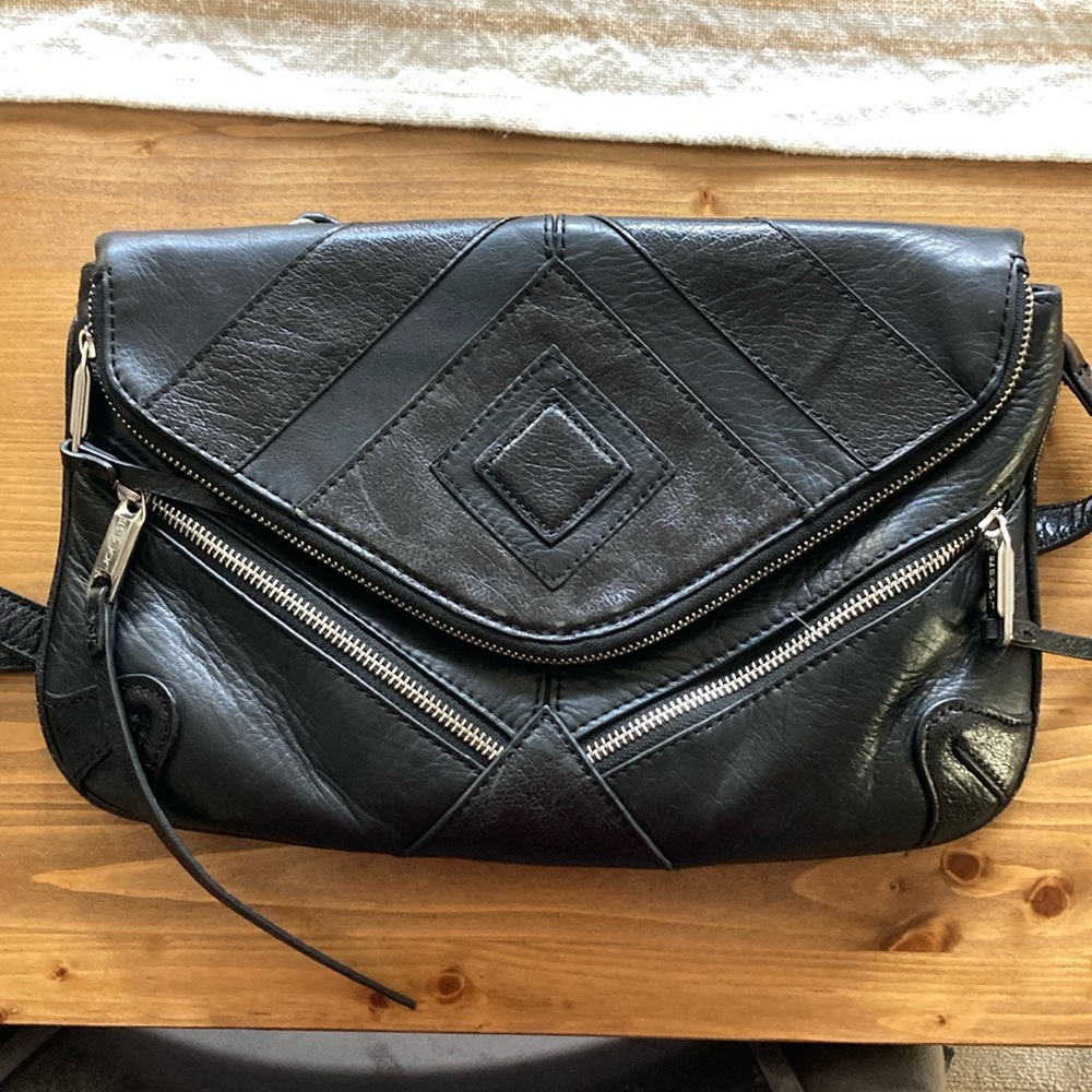 Joe’s Jeans Black Leather Moto Convertible Crossbody Clutch Zipper Bag